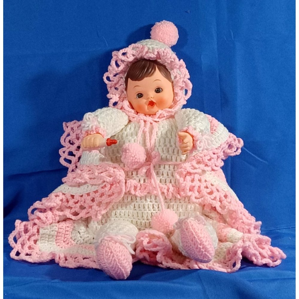 OOAK Vintage 24" Crocheted Knit  Baby Doll Face Drinking Bottle Pillow L…